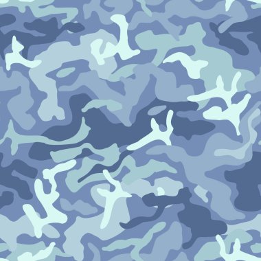 Soyut kamuflaj kusursuz desen. Kamuflaj arka planı, doğal kıvrımlı dalgalı şekiller, şekiller. Mavi renkli askeri baskı, modern tarzda. Yüzey tasarımı, duvar kağıdı, tekstil için vektör illüstrasyonu.