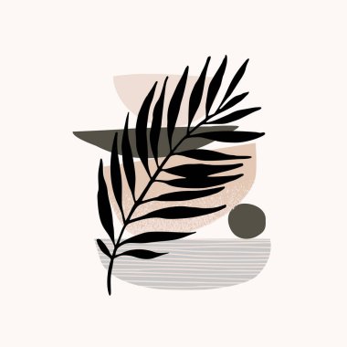 Soyut geometrik, İskandinav tarzında doğal şekiller. Tropikal palmiye yaprağıyla modern illüstrasyon, minimalist baskı, poster, boho duvar dekoru, düz tasarım vektör minimal tasarım için jeo elementler