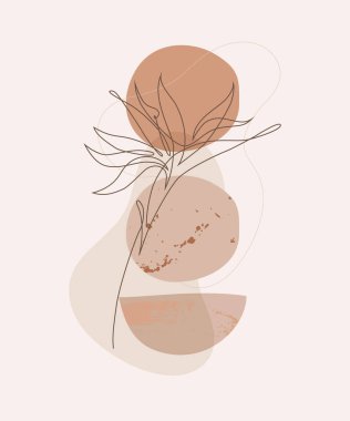 Bir çizgi soyut tropikal çiçek. Asgari arka plan: soyut geometrik şekiller, grunge, tahıl dokusu. Boho duvar baskısı için zarif, sürekli çizgi çizimi, modern İskandinav tarzı poster.