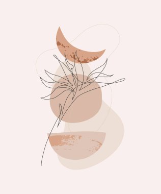 Bir çizgi soyut tropikal çiçek. Asgari mistik arka plan: soyut geometrik güneş ay şekilleri, grunge, tahıl dokusu. Boho duvar baskısı için zarif sürekli çizgi çizimi, modern tarzda poster