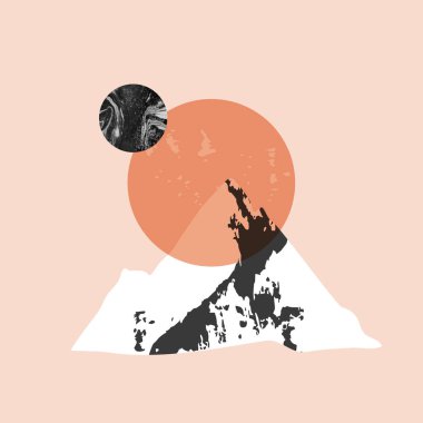 Modern minimalist dağ, güneş, duvar kağıdı, poster, kapak, tişört tasarımı için ay arka planı. Soyut manzara, düz sanat arka planı. Basit doğa illüstrasyonu. Vektör gün batımı, gün doğumu kavramı