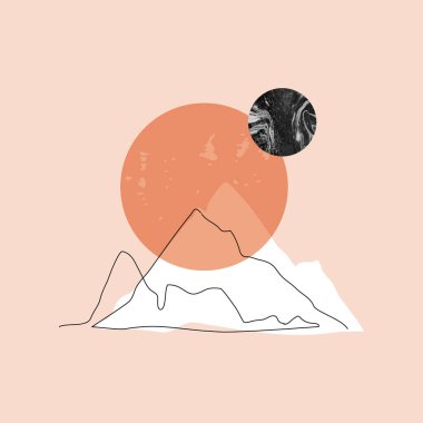 Modern minimalist dağ, güneş, duvar kağıdı, poster, kapak, tişört tasarımı için ay arka planı. Soyut manzara, düz çizgi sanat arkaplanı. Basit doğa illüstrasyonu. Vektör gün batımı, gün doğumu kavramı