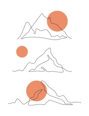 Soyut dağ manzarası çizimi, beyaz arkaplana minimum biçimde izole edilmiştir. Dağların çevresi çizim, panoramik manzara. Basit bir doğa çizimi. Vektör gün batımı simgesi, logo