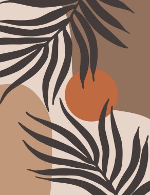 Geometrik şekilli soyut manzara, güneş, modern yüzyılın ortasında tropikal yapraklar. Minimalist sanat baskısı, poster, boho duvar dekoru, terracotta pastel renklerinde düz tasarım. Vektör illüstrasyonu