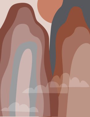 Soyut günbatımı dağ manzarası. Baskı için en az Asya manzarası, ev dekorasyonu, minimalist dijital sanat, boho duvar kağıdı, poster. Terracotta pastel renklerinde vektör illüstrasyonu. Vektör illüstrasyonu