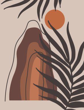 Tropikal yapraklı terracotta gün batımı dağ manzarası. Modern boho dekor duvar kağıdı. Baskı, ev dekorasyonu ve dijital sanat için en az Asya manzarası. Yüzyılın ortalarında vektör biçimi çizimi
