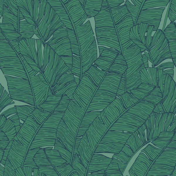 香蕉留下无缝图案 用于印刷 覆盖设计的灌丛绿色背景 深绿色的热带叶子 线条艺术风格 矢量说明 — 图库矢量图片