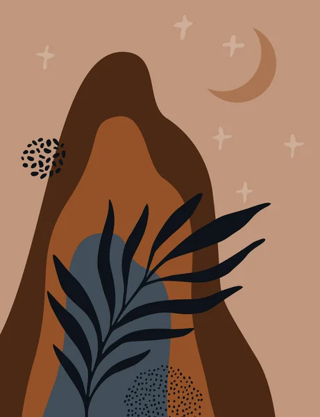 Теракота Захід Сонця Гірський Пейзаж Тропічним Листям Сучасні Шпалери Декору — стоковий вектор