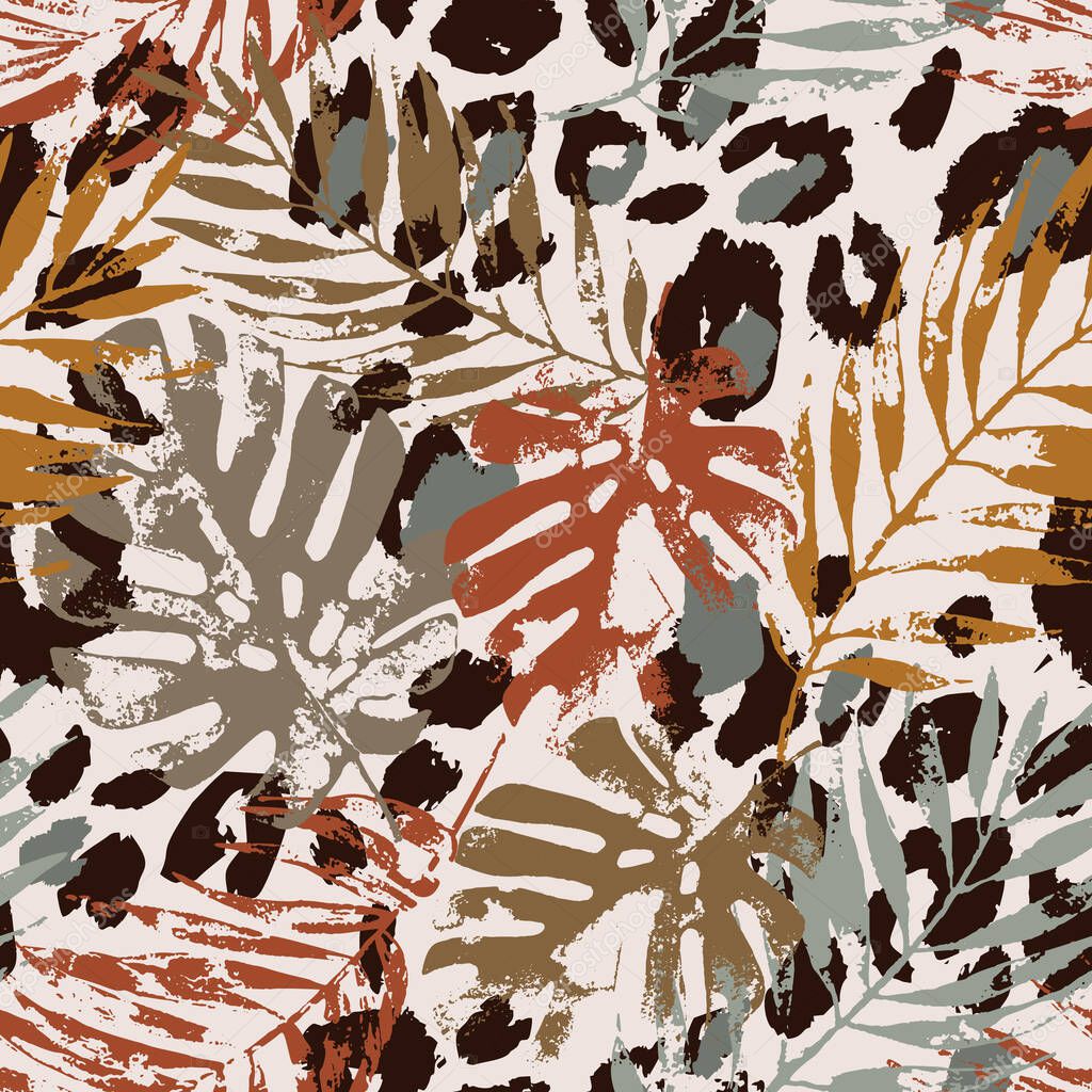 Abstract tropical floral seamless pattern: hand drawn palm, monstera leaves, animal skin print in retro vintage colors. Creative background. Digital vector art for surface design, fabric, wallpaper