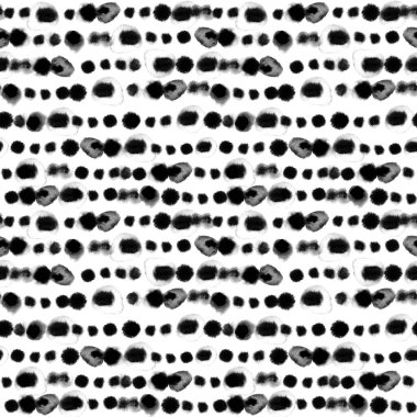 Soyut polka noktaları arka planda. Suluboya geometrik şekiller siyah ve beyaz renklerde kusursuz desenler çiziyor. Modern yüzey tasarımı, duvar kağıdı, kumaş ve tekstil için el boyaması daireler çizimi