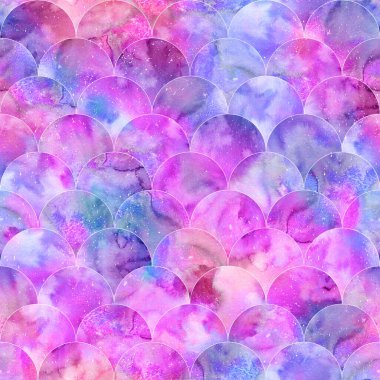 Soyut deniz kızı pulları pürüzsüz desen. Holografik renklerde balık derisi dokusu. Elle boyanmış suluboya çizimleri. Suluboya dalga arkaplanı