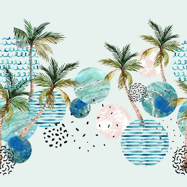 Abstract summer art seamless pattern. Art illustration with palm tree, palm leaves, doodle, marble, grunge textures, geometric shapes background in 80s, 90s minimal style. Hand painted beach design