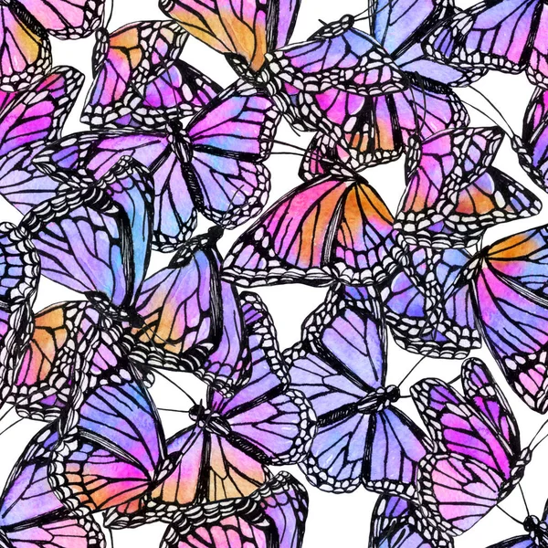 Beautiful watercolor butterflies on white background. Hand drawn butterfly shapes seamless pattern. Watercolor insects illustration for wallpaper, textile, fabric design