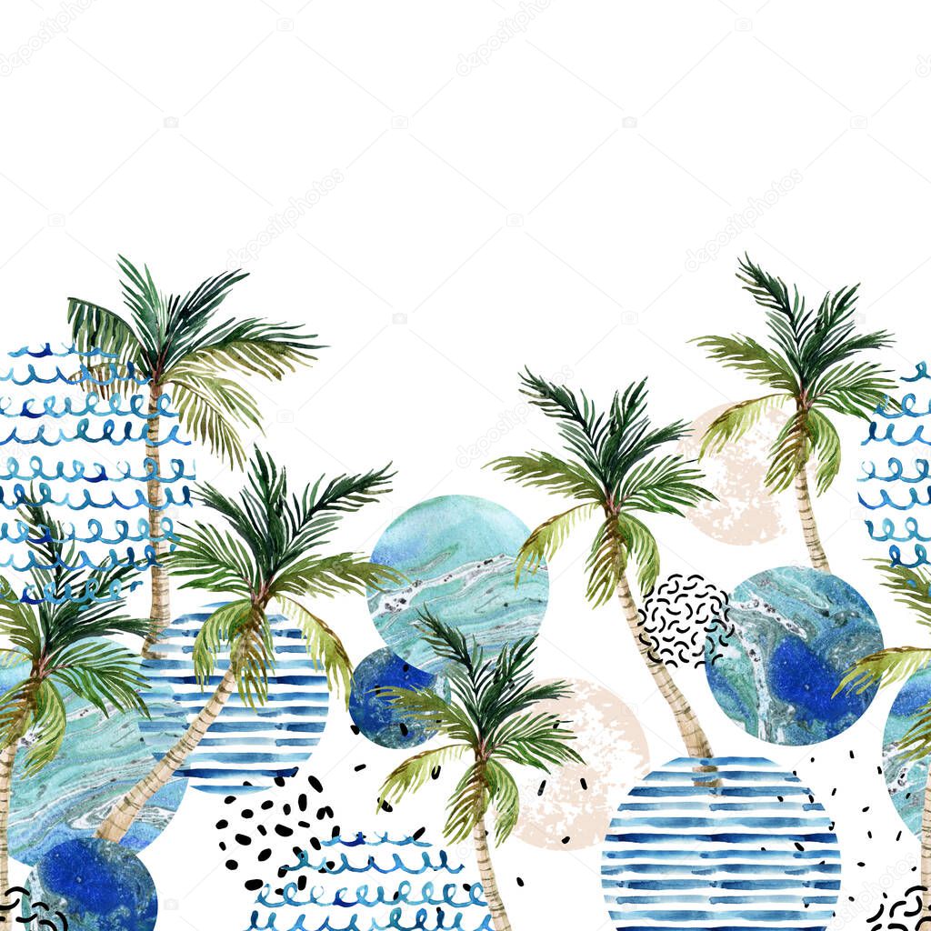 Abstract summer art. Art illustration with palm tree, palm leaves, doodle, marble, grunge textures, geometric shapes isolated on white background in 80s, 90s minimal style. Hand painted beach design
