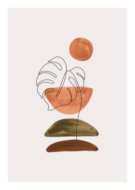 Bir çizgi sanat canavarı yaprak bitkisi posteri. Sulu boyalı arka planı olan zarif bir tropikal yaprak. Minimalist baskı, kapak, boho ev dekorasyonu, organik duvar kağıdı tasarımı için doğal illüstrasyon