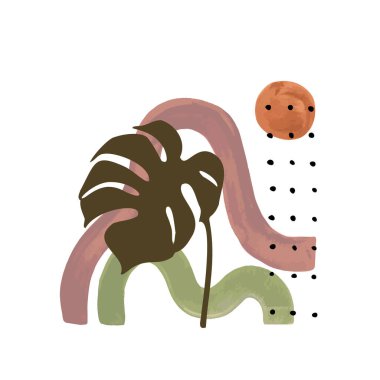 Soyut canavar yaprağı yaprağı posteri. Arka planda en az dalgalı şekilli suluboya ile zarif tropikal yaprak. Minimalist baskı, kapak, boho dekor, organik duvar kağıdı tasarımı için doğal illüstrasyon