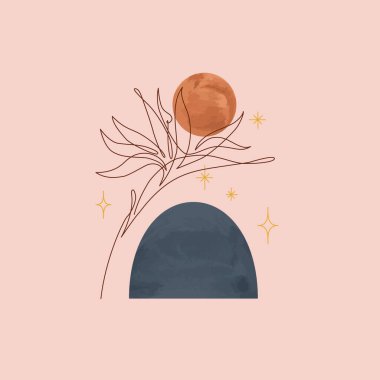 Soyut organik coğrafi suluboya şekiller ve tropikal çiçek çingene, boho, esrarengiz tarzda bir sanat eseri. Modern minimalist sanat baskısı için el çizimi moda toprak tonları, terracotta renkleri