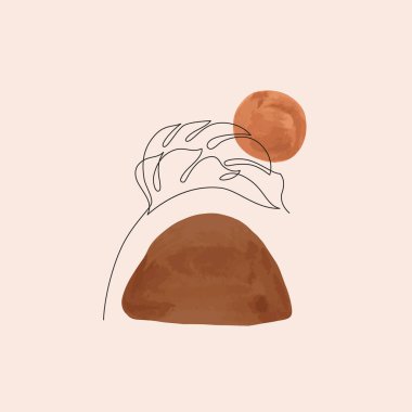 Soyut organik coğrafi suluboya şekilleri ve tropikal yaprak çingene, boho, esrarengiz tarzda bir sanat eseri. Modern minimalist sanat baskısı için el çizimi moda toprak tonları, terracotta renkleri