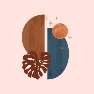 Esrarengiz boho tarzında minimalist basit sanat. Tropikal yaprak ve suluboya geometrik şekiller arka plan. Modern sanat baskısı için el çizimi illüstrasyon, boho duvar dekoru, orta yüzyıl tasarımı