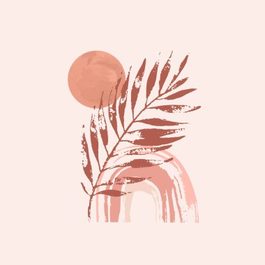 Soyut grunge palmiye yaprağı, gökkuşağı kompozisyonu. Moda sanat baskısı için geometrik modern arkaplan, boho duvar dekoru, orta yüzyıl, minimal basit tasarım. Poster asgari sanat