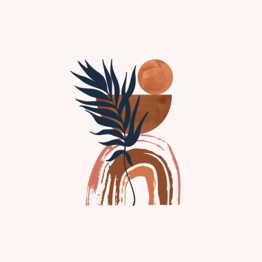 Soyut grunge palmiye yaprağı, gökkuşağı kompozisyonu. Moda sanat baskısı için geometrik modern arkaplan, boho duvar dekoru, orta yüzyıl, minimal basit tasarım. Poster asgari sanat