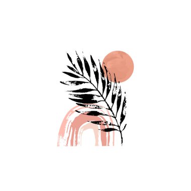 Soyut grunge palmiye yaprağı, gökkuşağı kompozisyonu. Moda sanat baskısı için geometrik modern arkaplan, boho duvar dekoru, orta yüzyıl, minimal basit tasarım. Poster asgari sanat