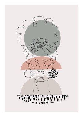 Geometrik şekilli siyah kadın afro portresi, grunge doodle desenli arka plan. Kadın profili sürekli çizgi sanatı. Moda için coğrafi güzellik kavramı, modern duvar tasarımı