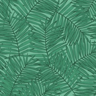 Yemyeşil palmiye pürüzsüz bir iz bırakır. Baskı, tekstil, kumaş, kapak tasarımı için orman yeşilliği arka planı. Sanat tarzında koyu yeşil tropikal yaprak. Yaprak çizimi
