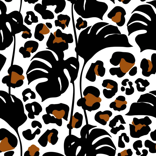 Elegantes Hojas Tropicales Dibujos Animados Manchas Camuflaje Leopardo Fondo Cartel —  Fotos de Stock