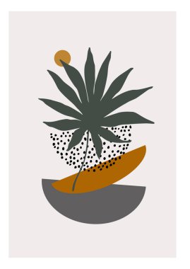 Modern asgari düzeyde elle çizilmiş sanat. Tropikal palmiye yaprağıyla modern vektör çizimi, karalama dokusu, minimal baskı, kapak, boho ev dekorasyonu, duvar kağıdı tasarımı için minimal elementler