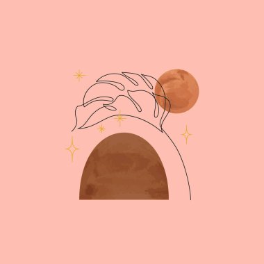 Soyut organik coğrafi suluboya şekilleri ve tropikal yaprak çingene, boho, esrarengiz tarzda bir sanat eseri. Modern minimalist sanat baskısı için el çizimi moda toprak tonları, terracotta renkleri