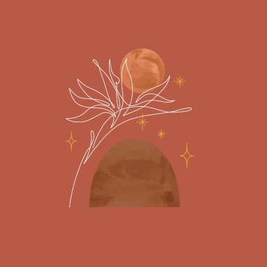 Soyut organik coğrafi suluboya şekiller ve tropikal çiçek çingene, boho, esrarengiz tarzda bir sanat eseri. Modern minimalist sanat baskısı için el çizimi moda toprak tonları, terracotta renkleri