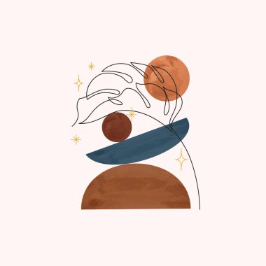 Soyut organik coğrafi suluboya şekilleri ve tropikal yaprak çingene, boho, esrarengiz tarzda bir sanat eseri. Modern minimalist sanat baskısı için el çizimi moda toprak tonları, terracotta renkleri