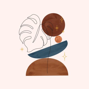 Soyut organik coğrafi suluboya şekilleri ve tropikal yaprak çingene, boho, esrarengiz tarzda bir sanat eseri. Modern minimalist sanat baskısı için el çizimi moda toprak tonları, terracotta renkleri