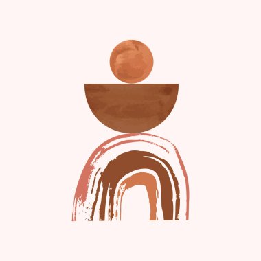 Asgari poster tasarımı. Suluboya, sanatı kapsar. Gökkuşağı renkli soyut tasarım, beyaz arkaplanda izole edilmiş geometrik elementler. Minimalist baskı, boho dekor, duvar kağıdı için elle boyanmış grafikler