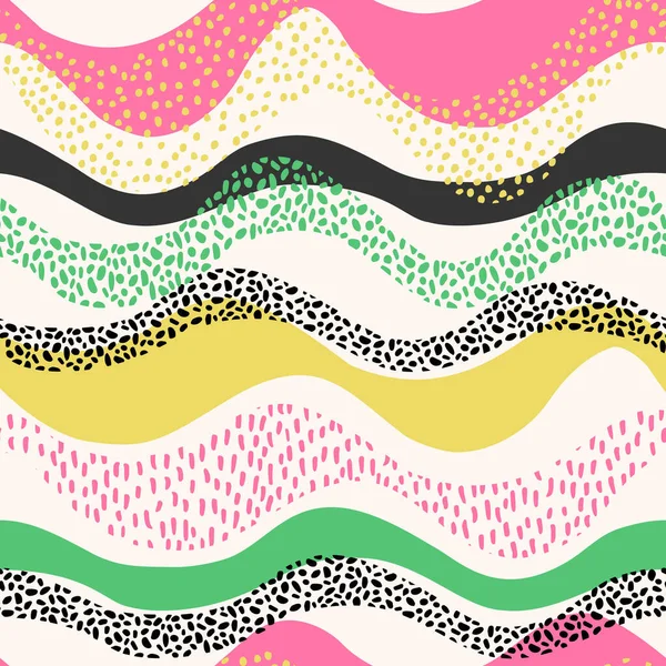 モダンなスタイルで波のシームレスなパターン 水平方向の巻き波 極小ドットドア ベクトルイラストミニマリストプリント カバー Boho家の装飾 誕生日カード 北欧の背景 — ストックベクタ