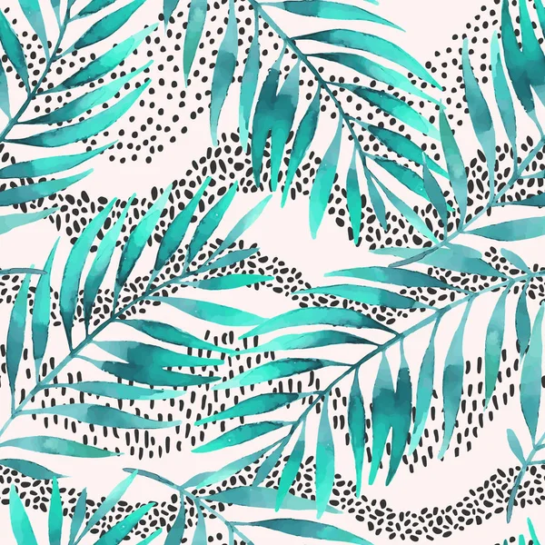 水平波 極小ドットドア ヤシの葉のシームレスなパターン ミニマリストプリント カバー ファブリック スクラップブッキング壁紙 誕生日カードの背景のための熱帯ベクトルイラスト — ストックベクタ