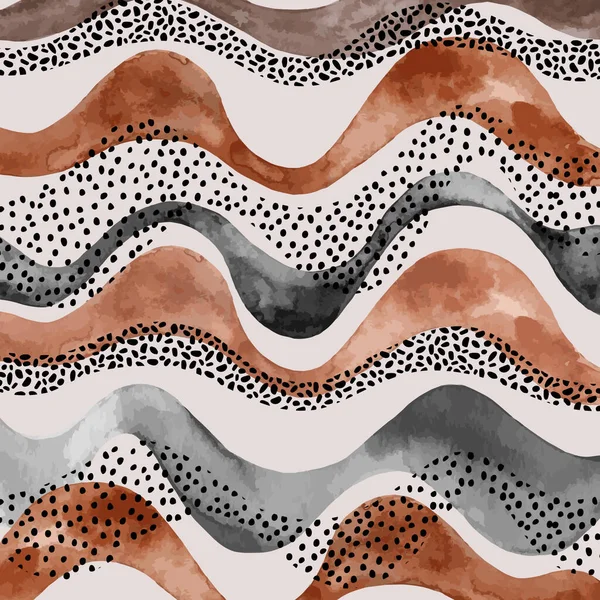 自然地理风格的波浪形图案 抽象波浪形条纹与涂鸦 波尔卡点 水色纹理在土色色调 流行的艺术 Safari启发手绘有机形状图解 — 图库矢量图片