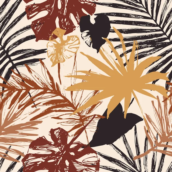 Hand Drawn Grunge Textured Tropical Leaves Seamless Pattern Tropical Leaf — Διανυσματικό Αρχείο