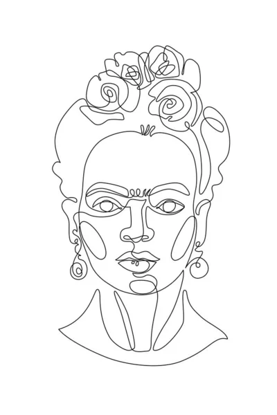 拉丁女性肖像的灵感来自Frida Kahlo 穿着传统花环的年轻的墨西哥女人 女性主义 赋予妇女权力概念的设计 单行艺术风格的现代矢量插图 — 图库矢量图片