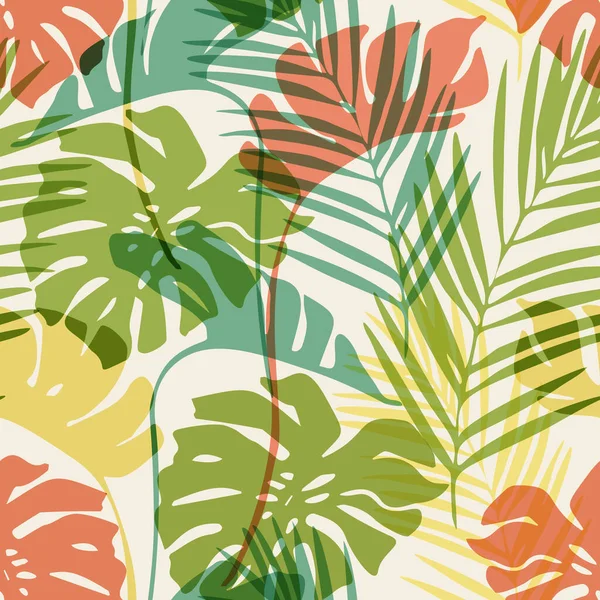 Doğal orman pürüzsüz desen. El çizimi soyut tropikal yaz arkaplanı: renkli palmiye yaprağı, canavar yapraklı siluetler. Taze gradyan renk ile vektör illüstrasyonuName