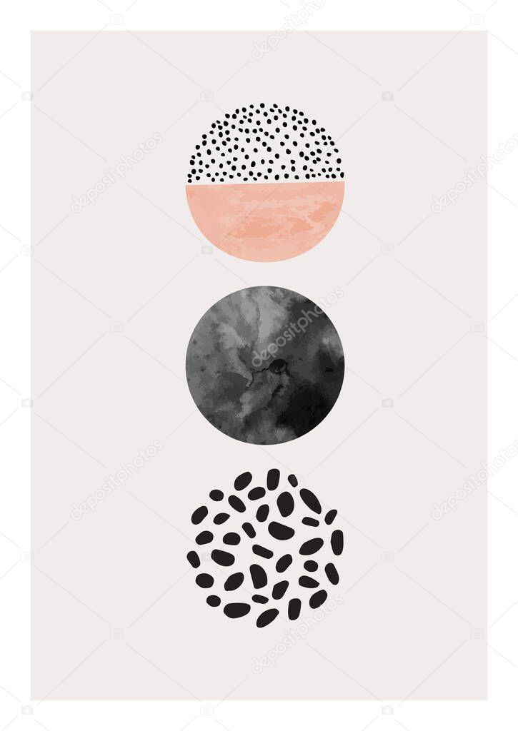 Abstract geometric background with watercolor, doodle, minimal textured circles. Simple geometrical shapes poster for modern art print, boho wall decor, nordic cover design. Vector geo illustration