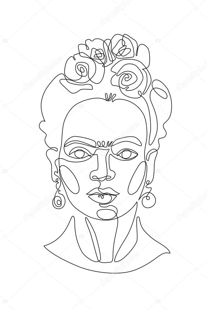 Latin female portrait inspired by Frida Kahlo. Young mexican woman in traditional flower wreath. Feminism, women empowerment concept design. Modern vector illustration in one line art style