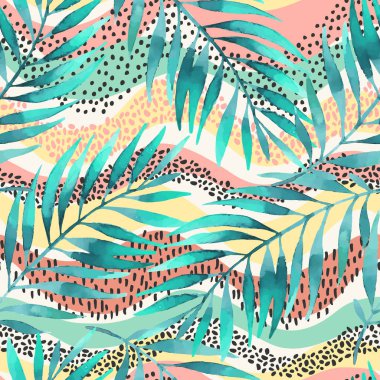 Yatay kıvrımlı dalgalar, minimum puantiyeli karalama, palmiye yaprakları pürüzsüz desen. Minimalist baskı, kapak, kumaş, hatıra defteri, doğum günü kartı arkaplanı için tropik vektör çizimi