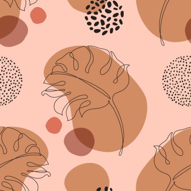 Minimum botanik kusursuz desen. Tropikal canavar yaprağı silueti karalama geometrik şekiller arka planında sanat çizgisinde. Basit vektör tasarımı. El çizimi sanat botanik çizimi