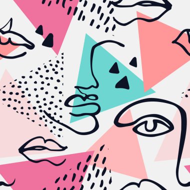 Modern sürekli çizgili sanat yüzleri, geometrik şekiller kusursuz desenler. Moda tasarımı, baskı, tekstil, kumaş, duvar kağıdı için el çizimi geometrik portreler. Vektör sanatı