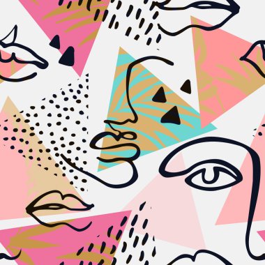 Modern aralıksız sanat yüzleri, üçgenler, palmiye yaprakları pürüzsüz desen. Moda tasarımı, baskı, tekstil, kumaş, duvar kağıdı için Memphis tarzında el çizimi geometrik portreler. Vektör