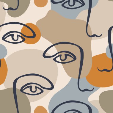 Soyut kadın çizgileri kusursuz desenler çizer. Geometrik akışkan arka planda modern yüz çizimi. Moda tasarımı, baskı, tekstil, kumaş, duvar kâğıdı için asgari biçimli vektör sanatı çizimi