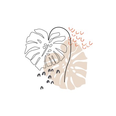 Minimum botanik sanat konsepti. Siluette tropik canavar yaprağı, çizgi sanatı, beyaz arka planda karalamalar. Şirin vektör tasarımı. Poster, kapak, şablon, duvar kağıdı için el çizimi illüstrasyon