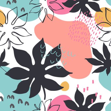 Soyut tropik yaprak deseni: siluetler ve çizgi sanatı, minimum biçimdeki organik geometrik şekiller. Yazdırma, tekstil, kumaş, duvar kağıdı tasarımı için vektör, yaz arkaplanı